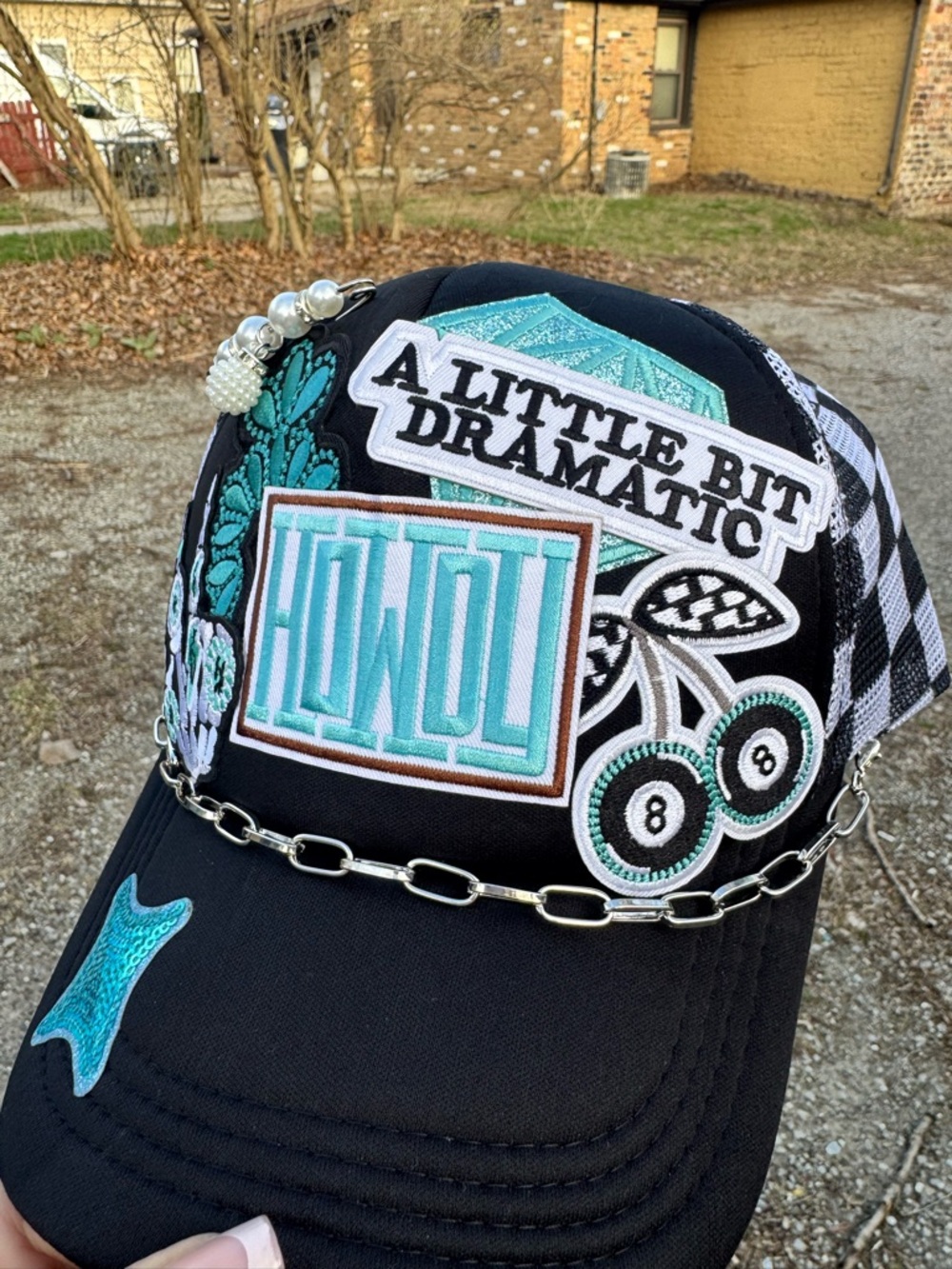 Embellished Black Patch Baseball Cap with Aqua Accents